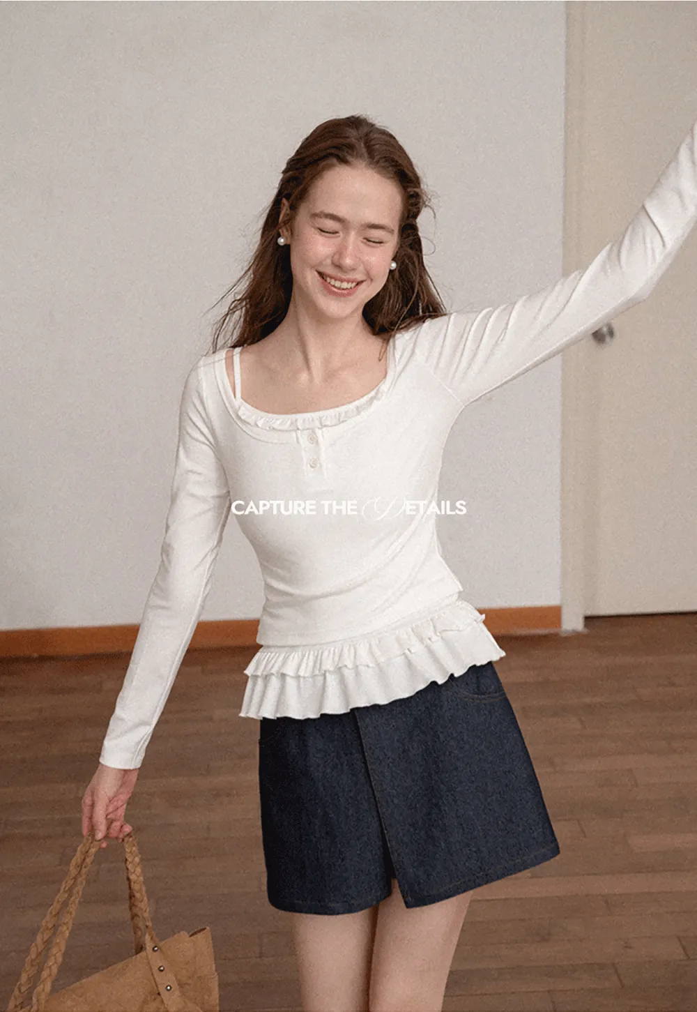 Ruffled Hem Long Sleeve Top and Denim Skirt