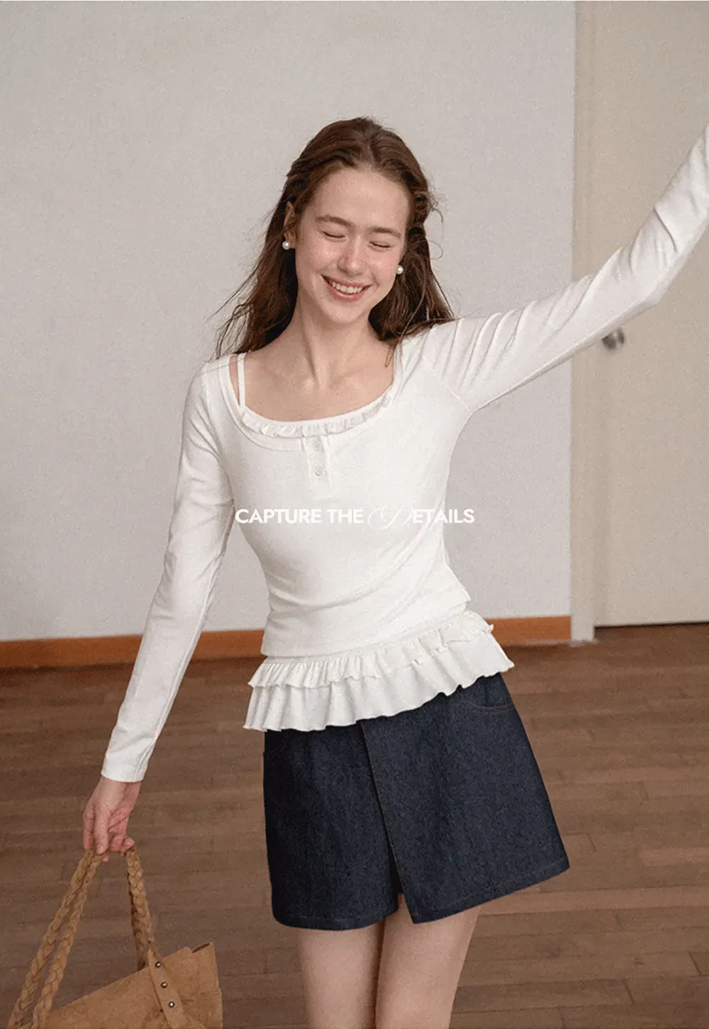 Ruffled Hem Long Sleeve Top and Denim Skirt