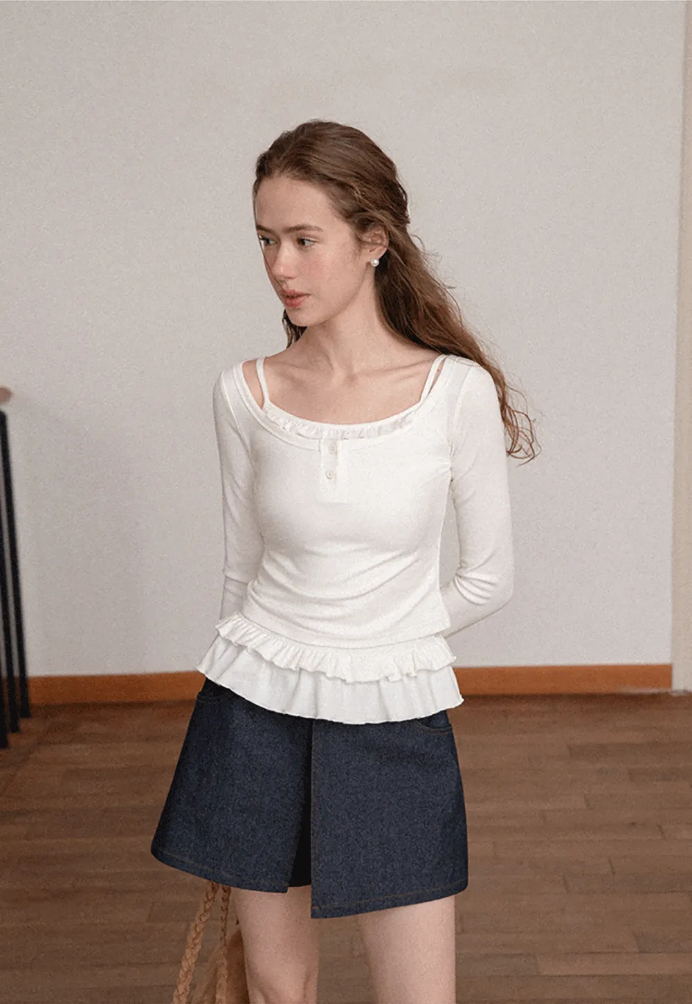 Ruffled Hem Long Sleeve Top and Denim Skirt