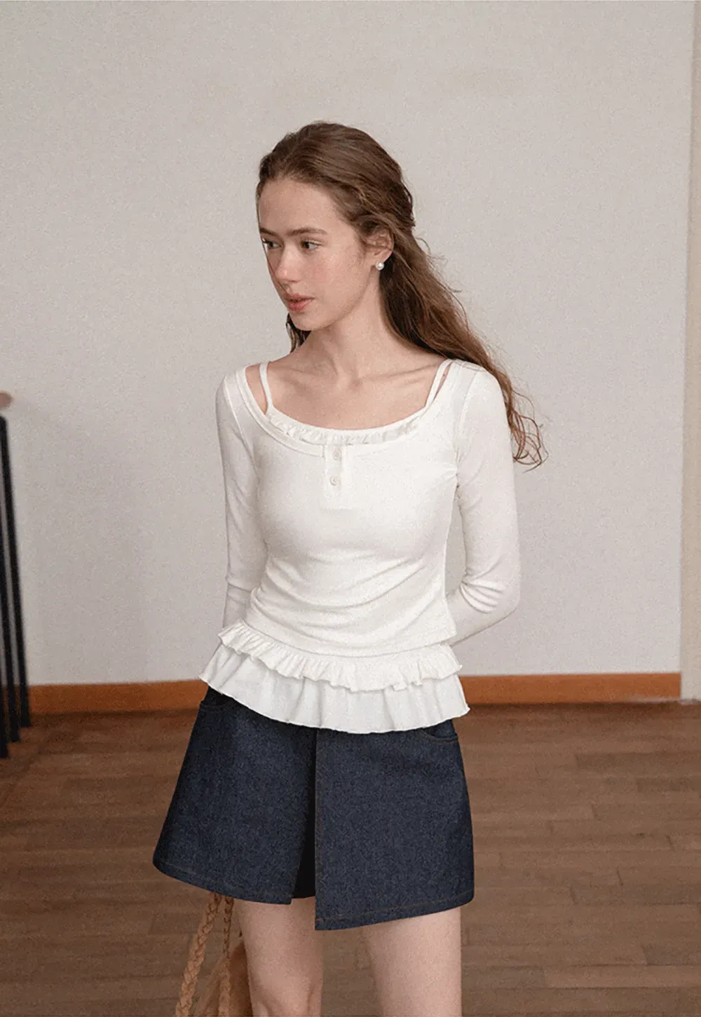 Ruffled Hem Long Sleeve Top and Denim Skirt