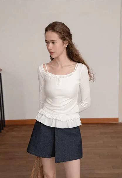Ruffled Hem Long Sleeve Top and Denim Skirt