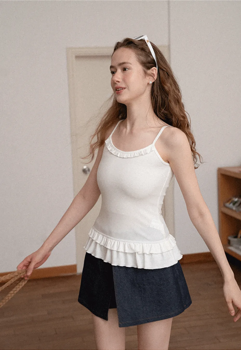 Ruffled Hem Long Sleeve Top and Denim Skirt