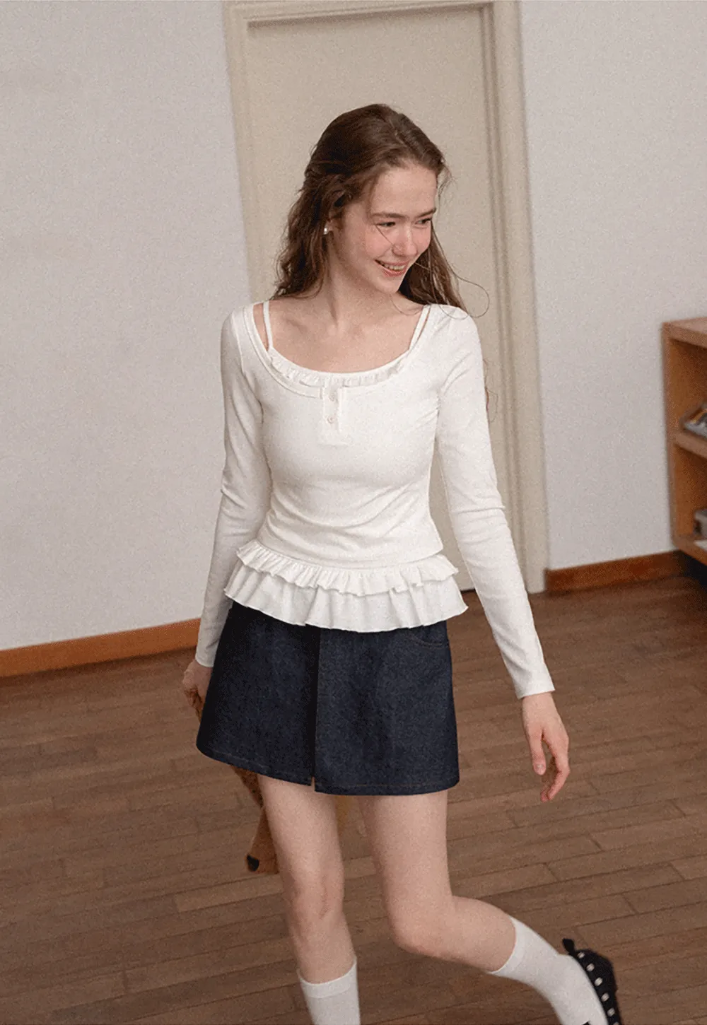 Ruffled Hem Long Sleeve Top and Denim Skirt