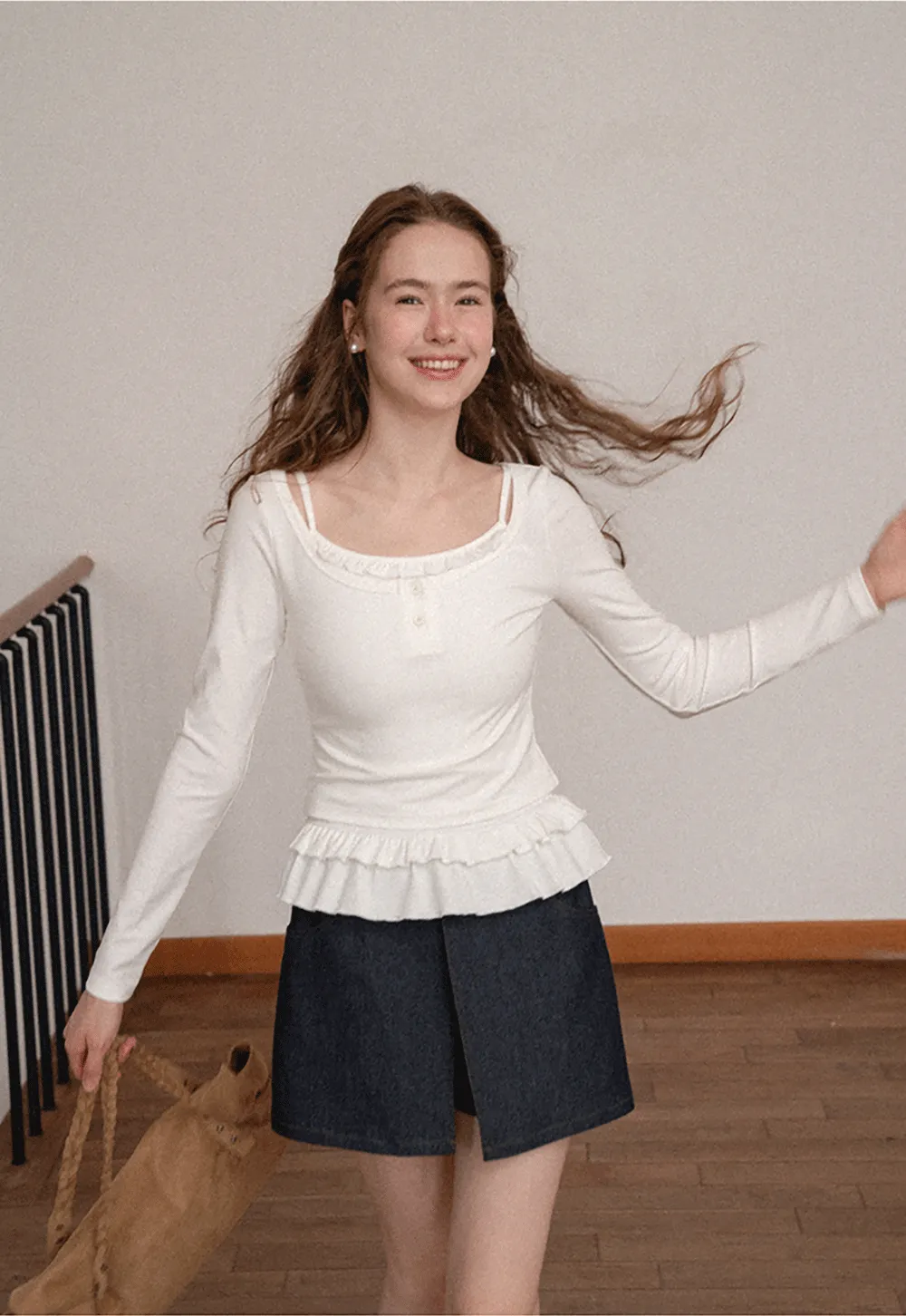 Ruffled Hem Long Sleeve Top and Denim Skirt