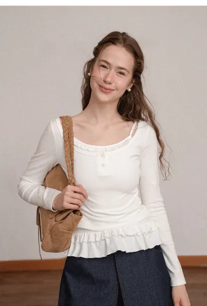 Ruffled Hem Long Sleeve Top and Denim Skirt