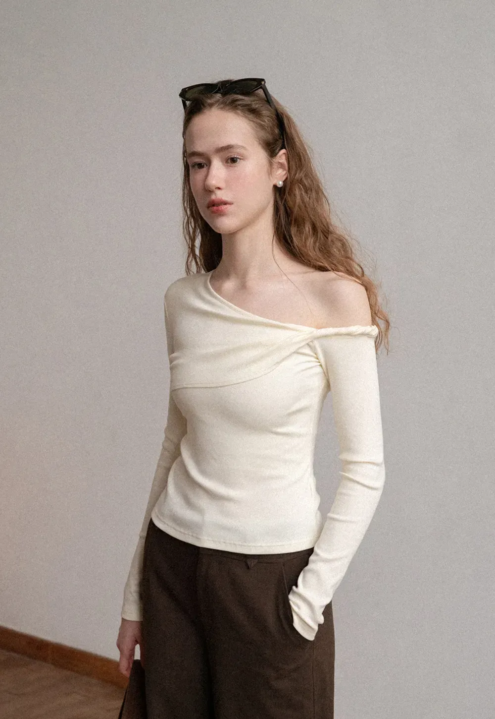 Asymmetrical Off Shoulder Long Sleeve Knit Top