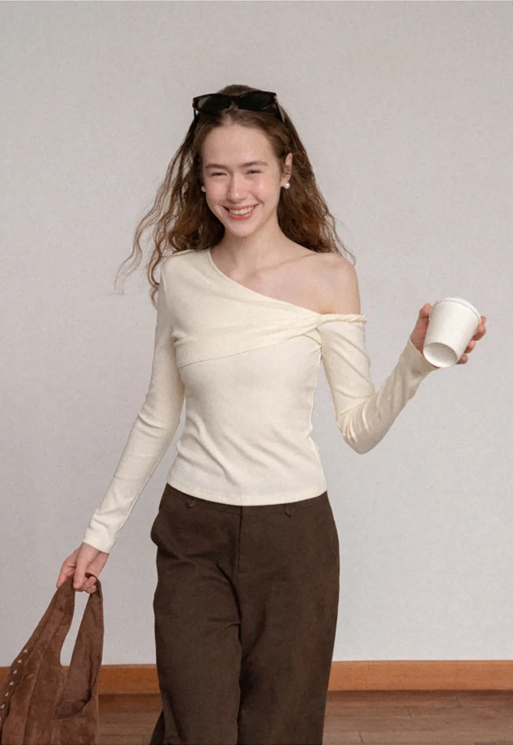 Asymmetrical Off Shoulder Long Sleeve Knit Top