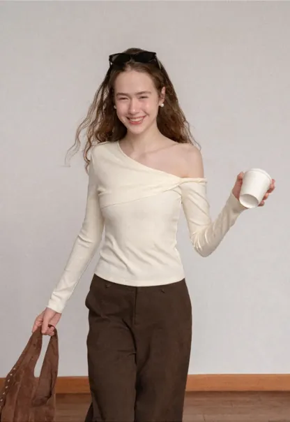 Asymmetrical Off Shoulder Long Sleeve Knit Top