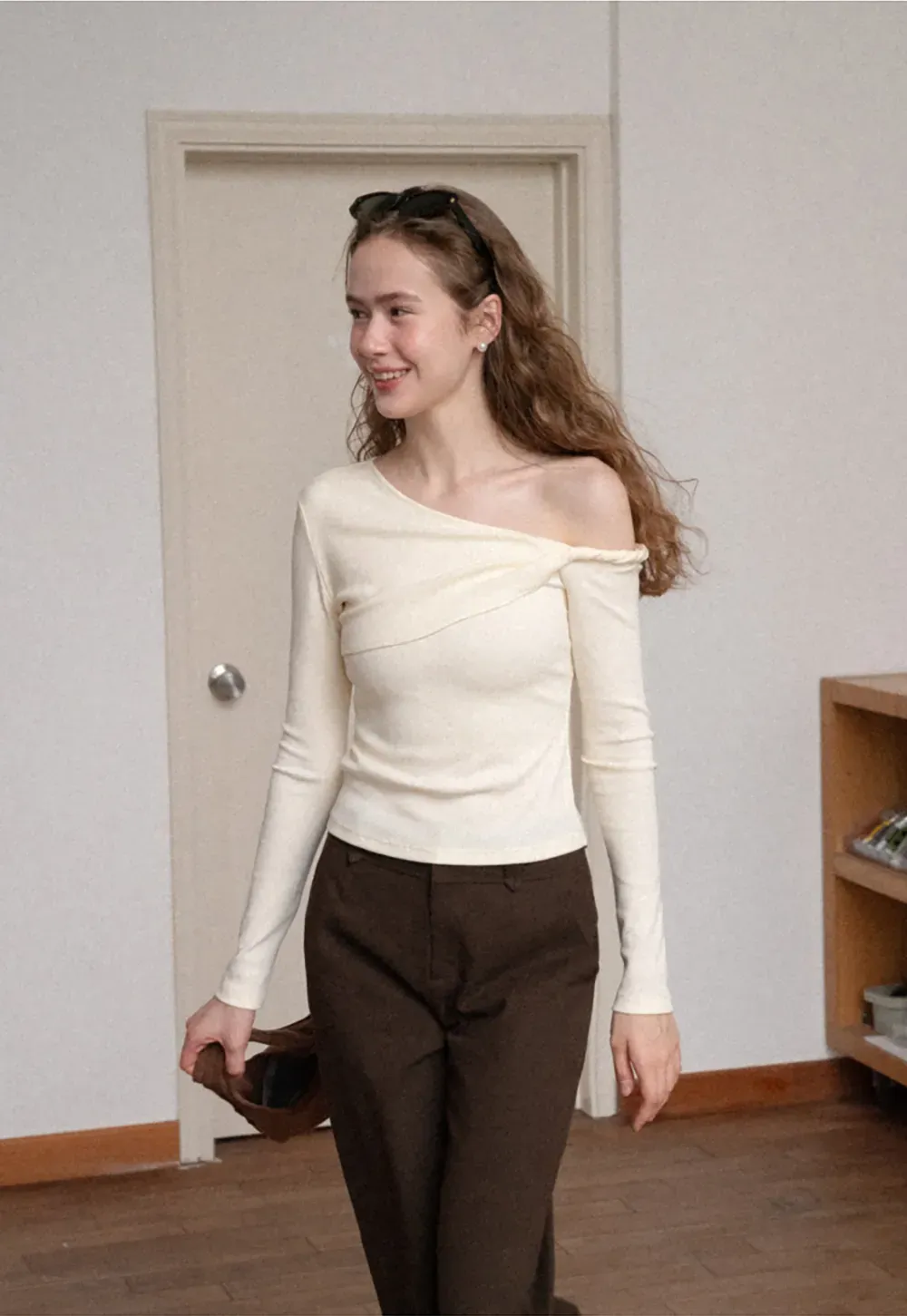 Asymmetrical Off Shoulder Long Sleeve Knit Top