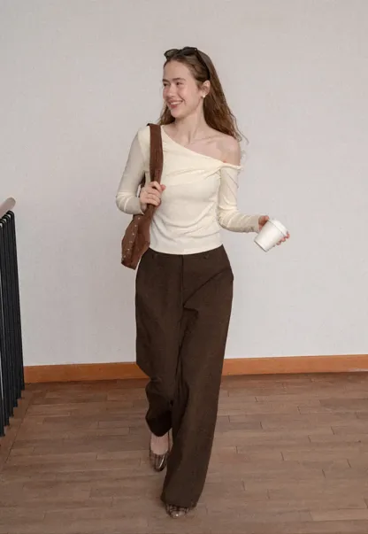 Asymmetrical Off Shoulder Long Sleeve Knit Top