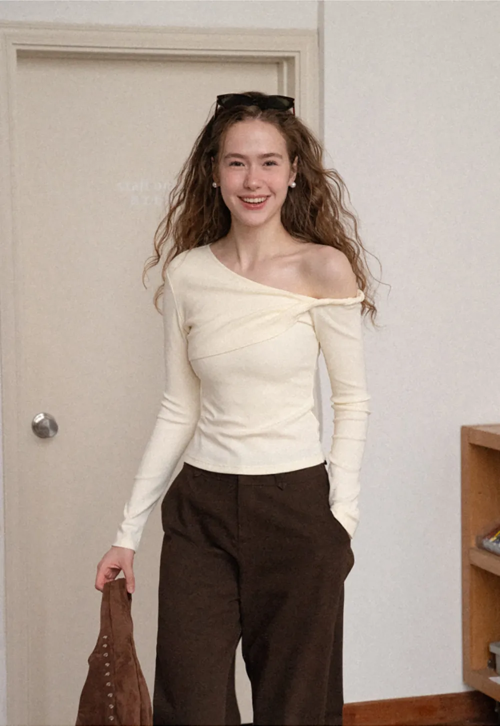 Asymmetrical Off Shoulder Long Sleeve Knit Top