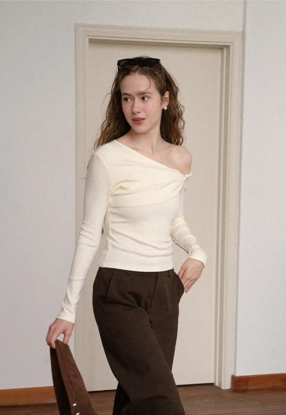 Asymmetrical Off Shoulder Long Sleeve Knit Top