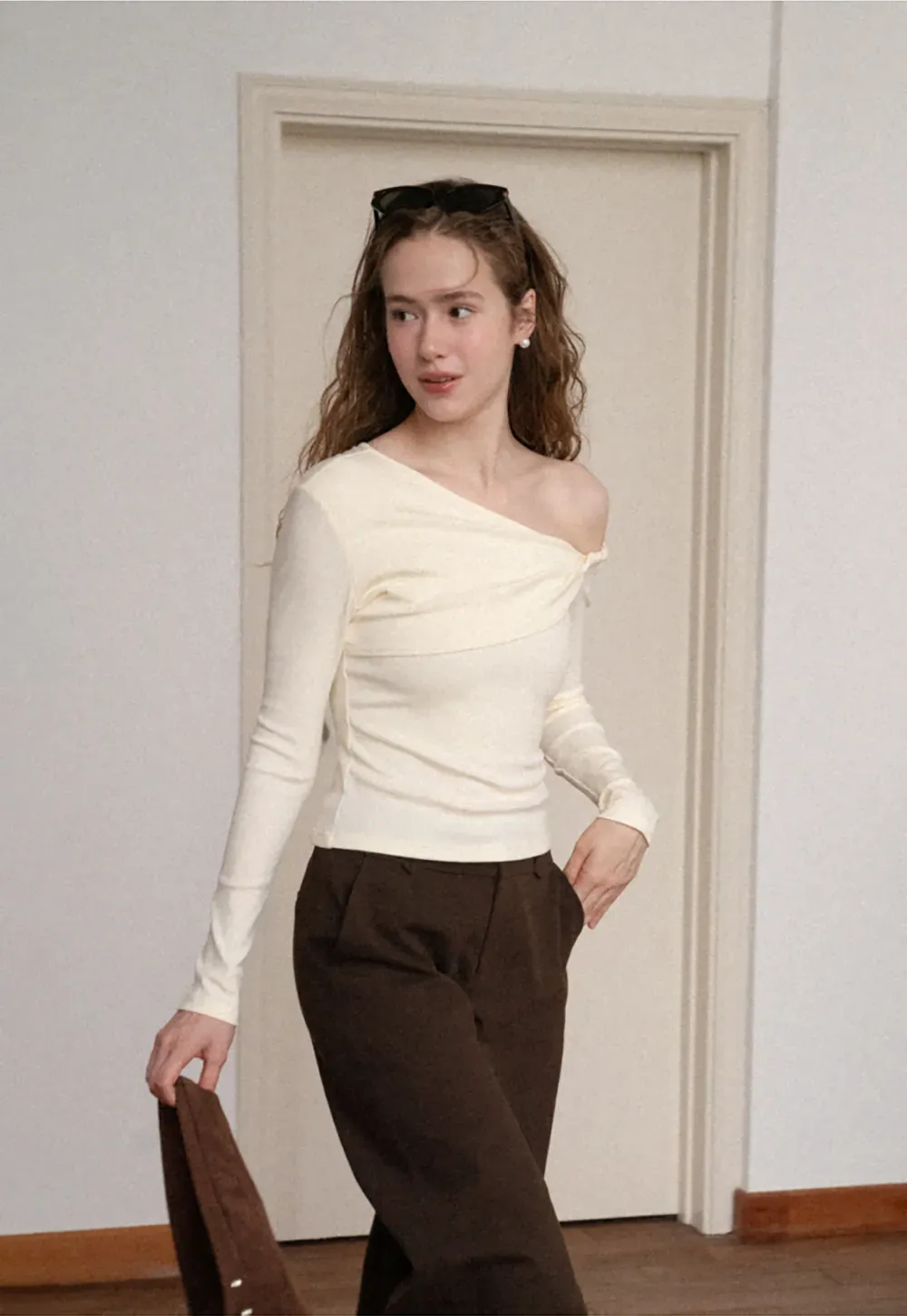Asymmetrical Off Shoulder Long Sleeve Knit Top