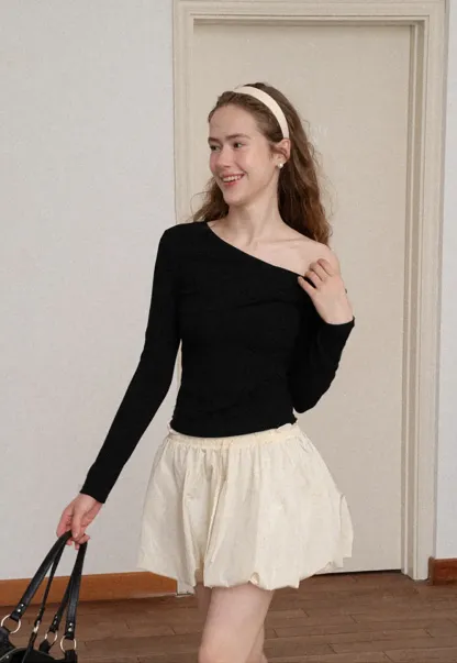 Asymmetrical Off Shoulder Long Sleeve Knit Top