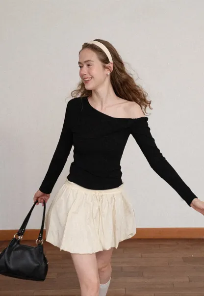 Asymmetrical Off Shoulder Long Sleeve Knit Top