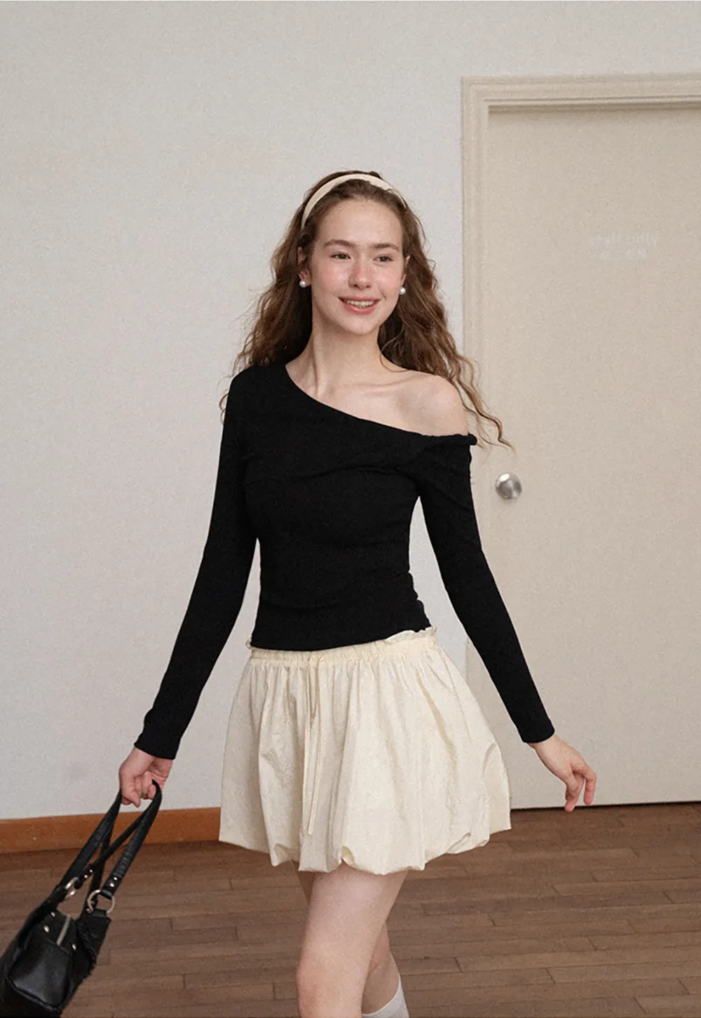 Asymmetrical Off Shoulder Long Sleeve Knit Top