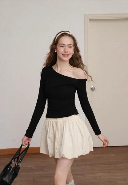 Asymmetrical Off Shoulder Long Sleeve Knit Top