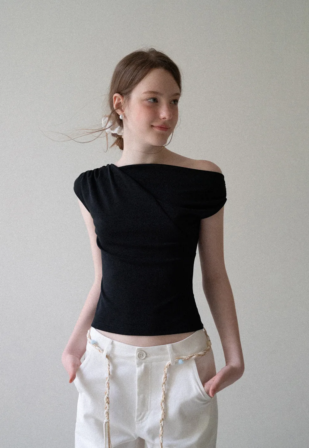 Off Shoulder Ruched Sleeve Cropped Top