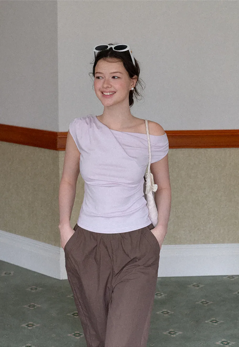 Off Shoulder Ruched Sleeve Cropped Top