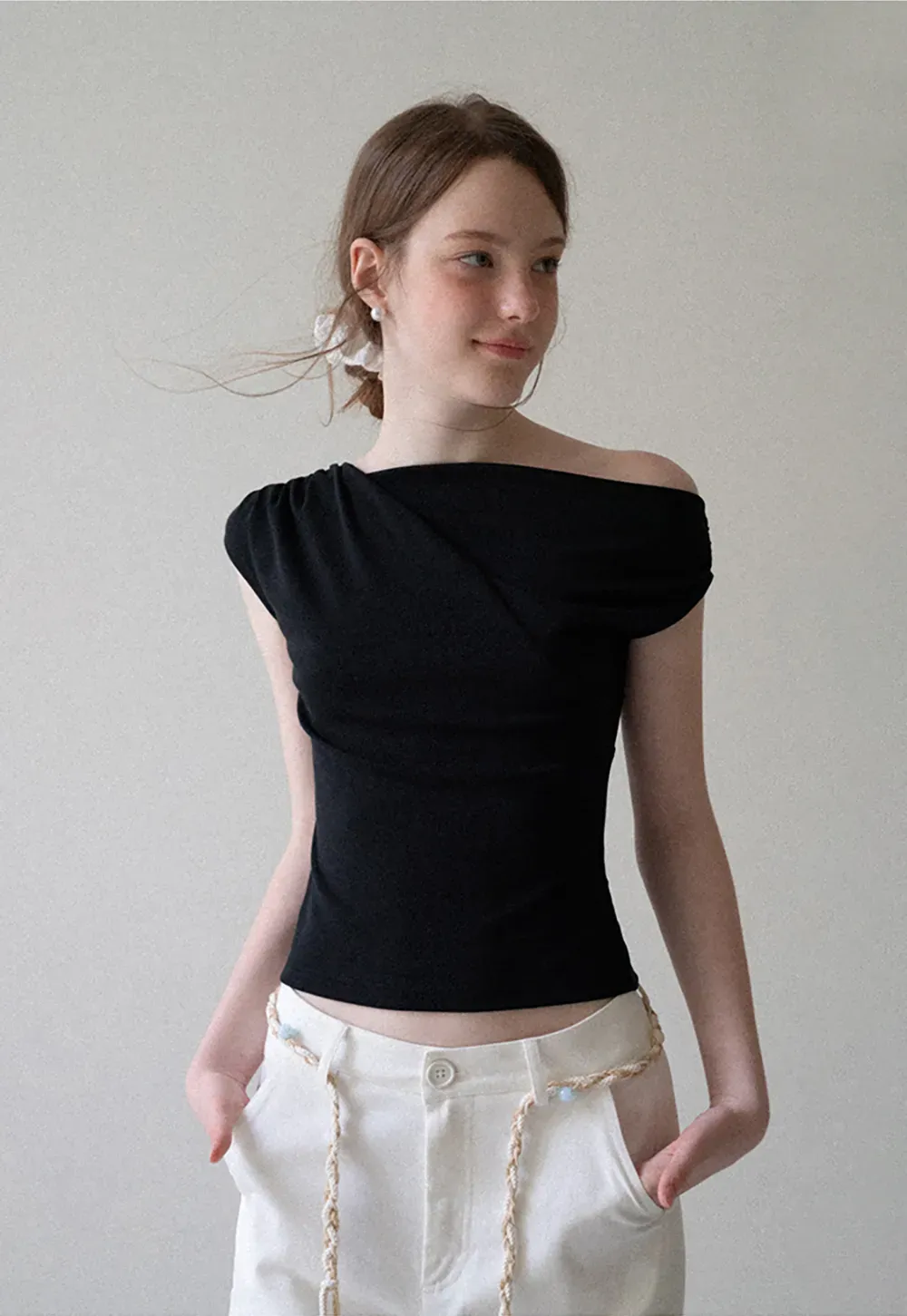 Off Shoulder Ruched Sleeve Cropped Top