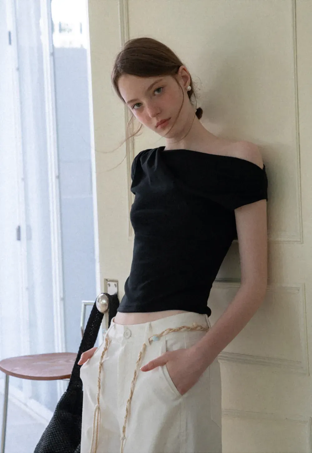 Off Shoulder Ruched Sleeve Cropped Top