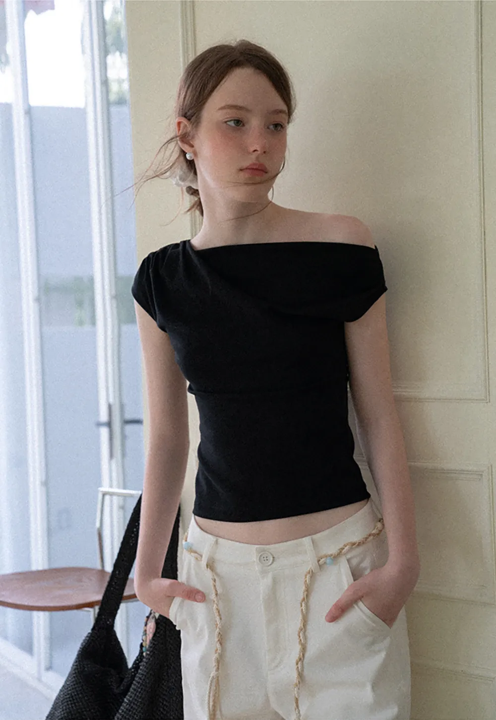 Off Shoulder Ruched Sleeve Cropped Top