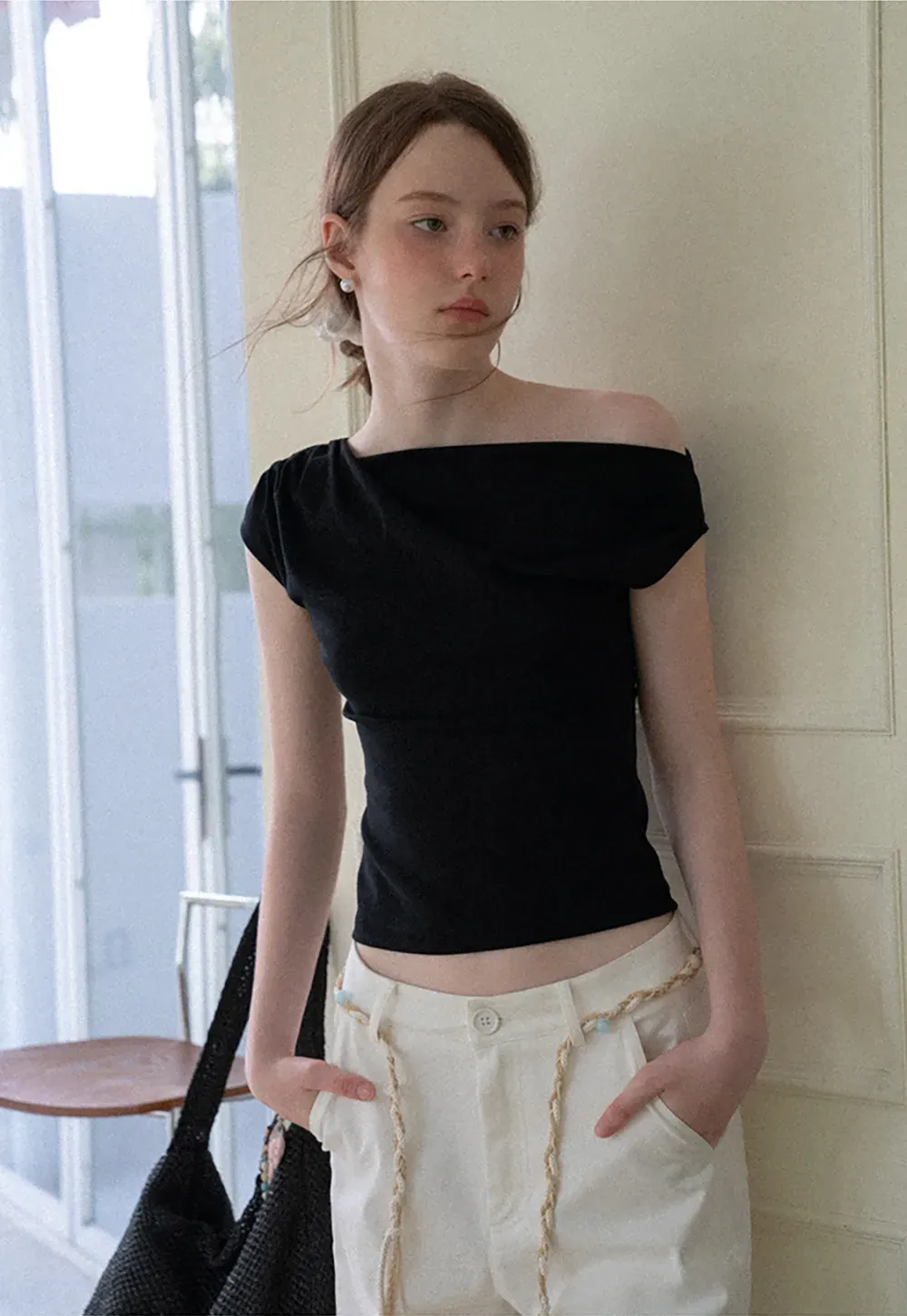 Off Shoulder Ruched Sleeve Cropped Top