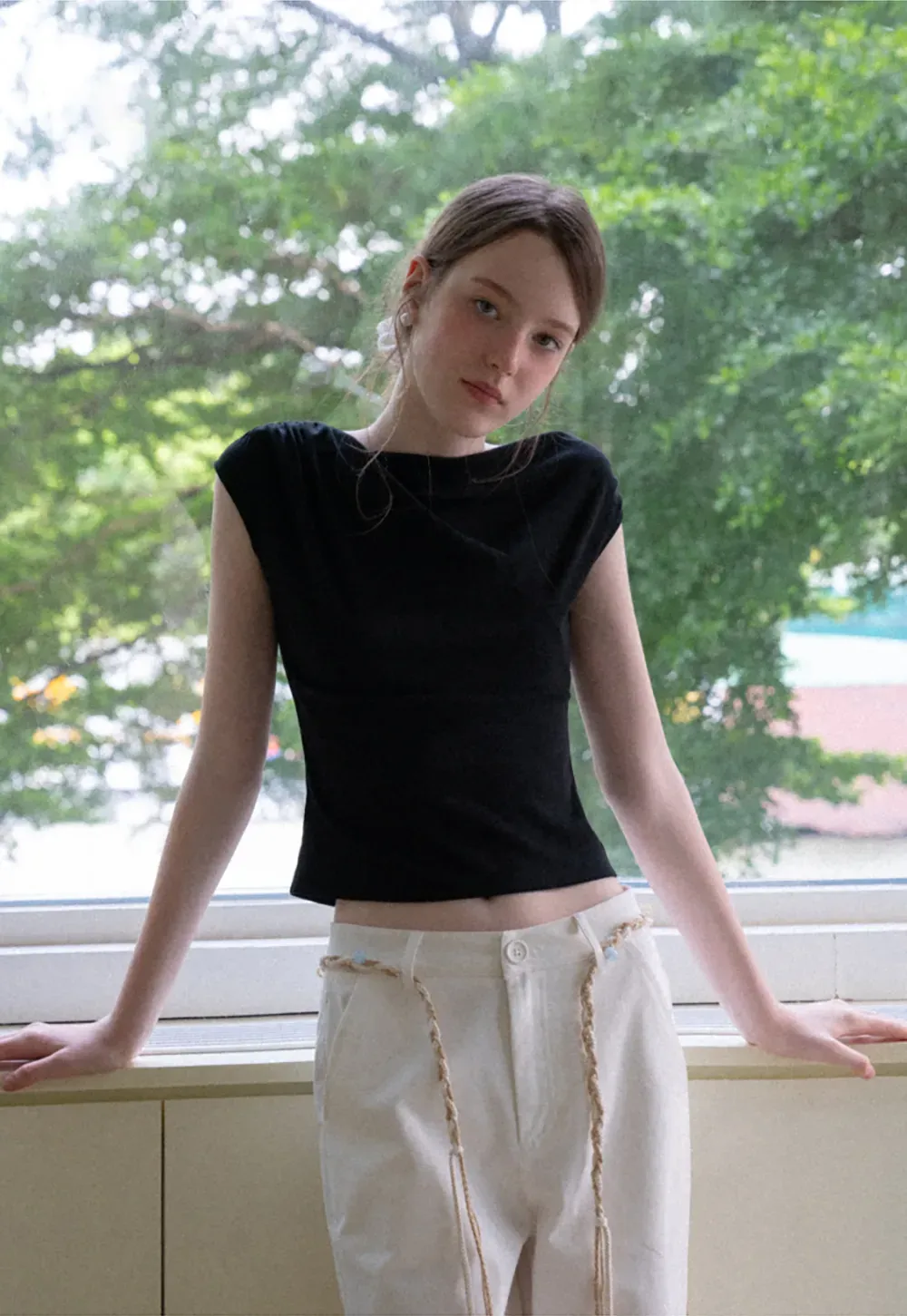 Off Shoulder Ruched Sleeve Cropped Top
