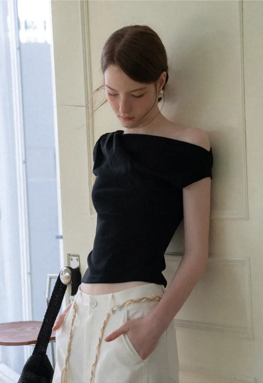 Off Shoulder Ruched Sleeve Cropped Top