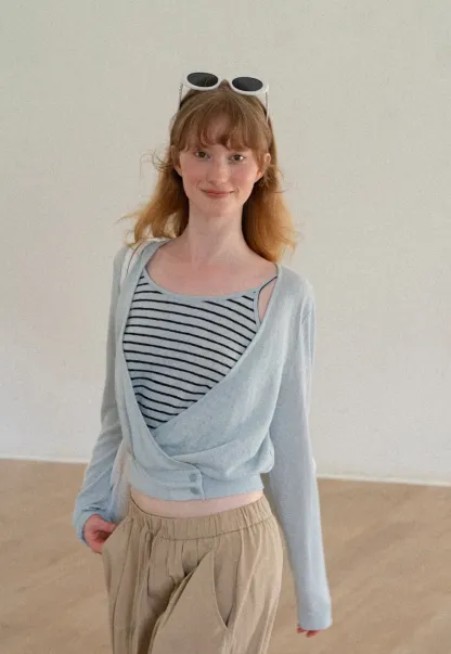 Cropped Wrap Front Cardigan with Button Closure