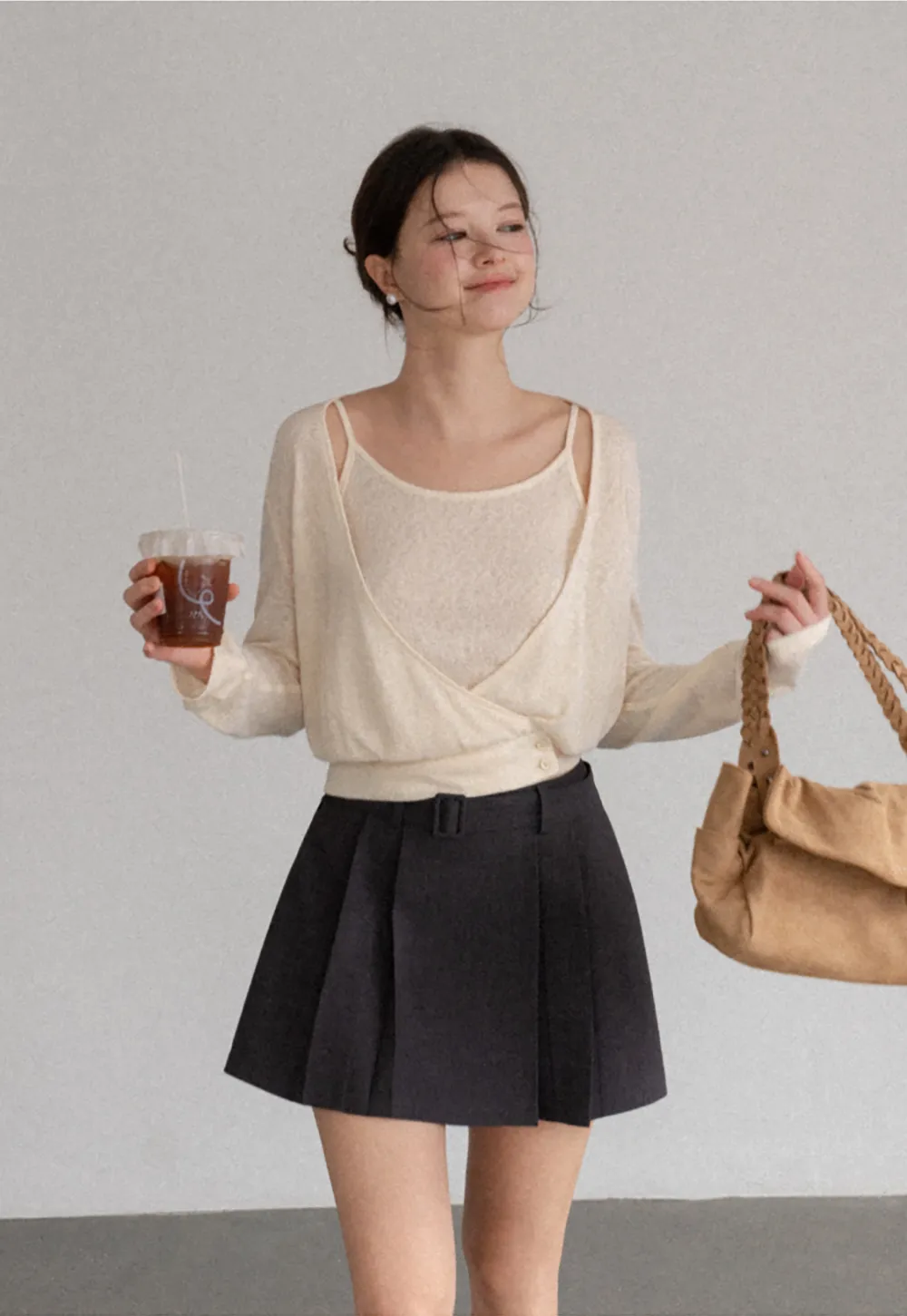 Cropped Wrap Front Cardigan with Button Closure