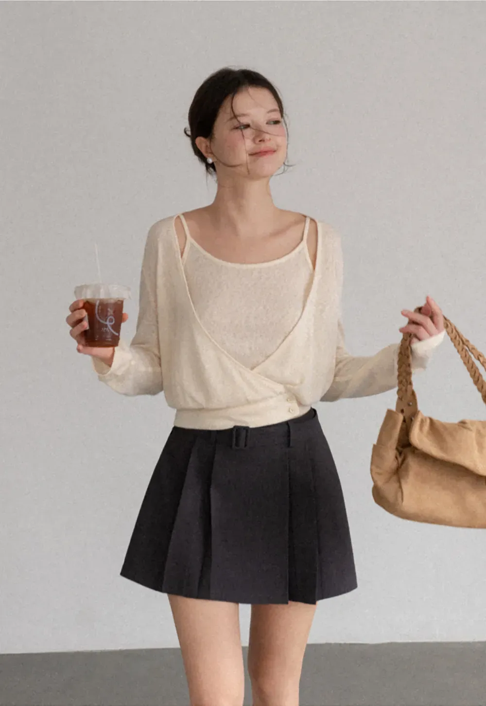 Cropped Wrap Front Cardigan with Button Closure