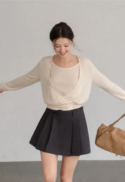 Cropped Wrap Front Cardigan with Button Closure