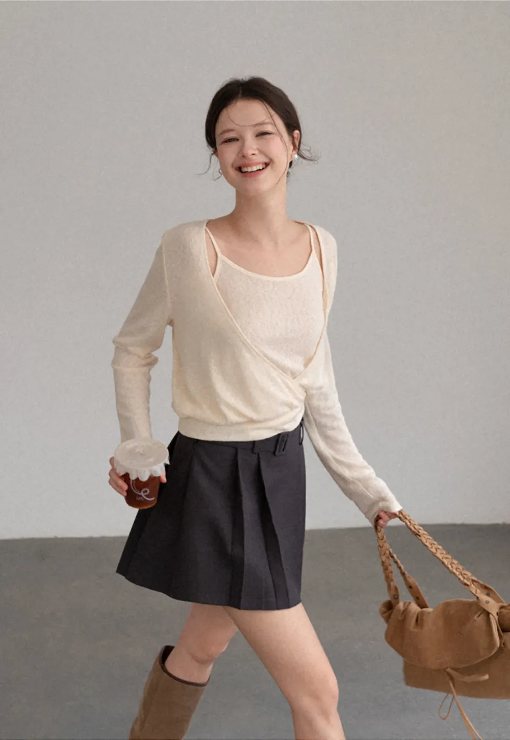 Cropped Wrap Front Cardigan with Button Closure