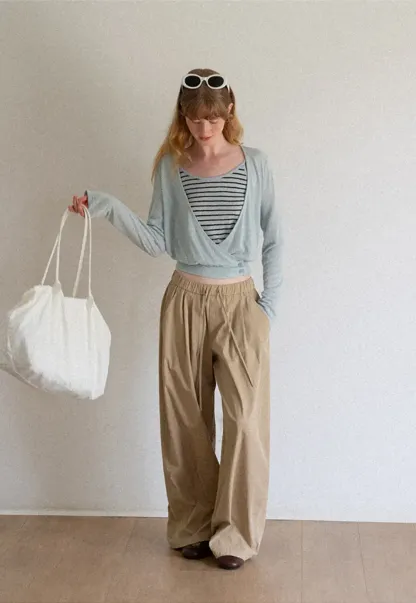 Cropped Wrap Front Cardigan with Button Closure
