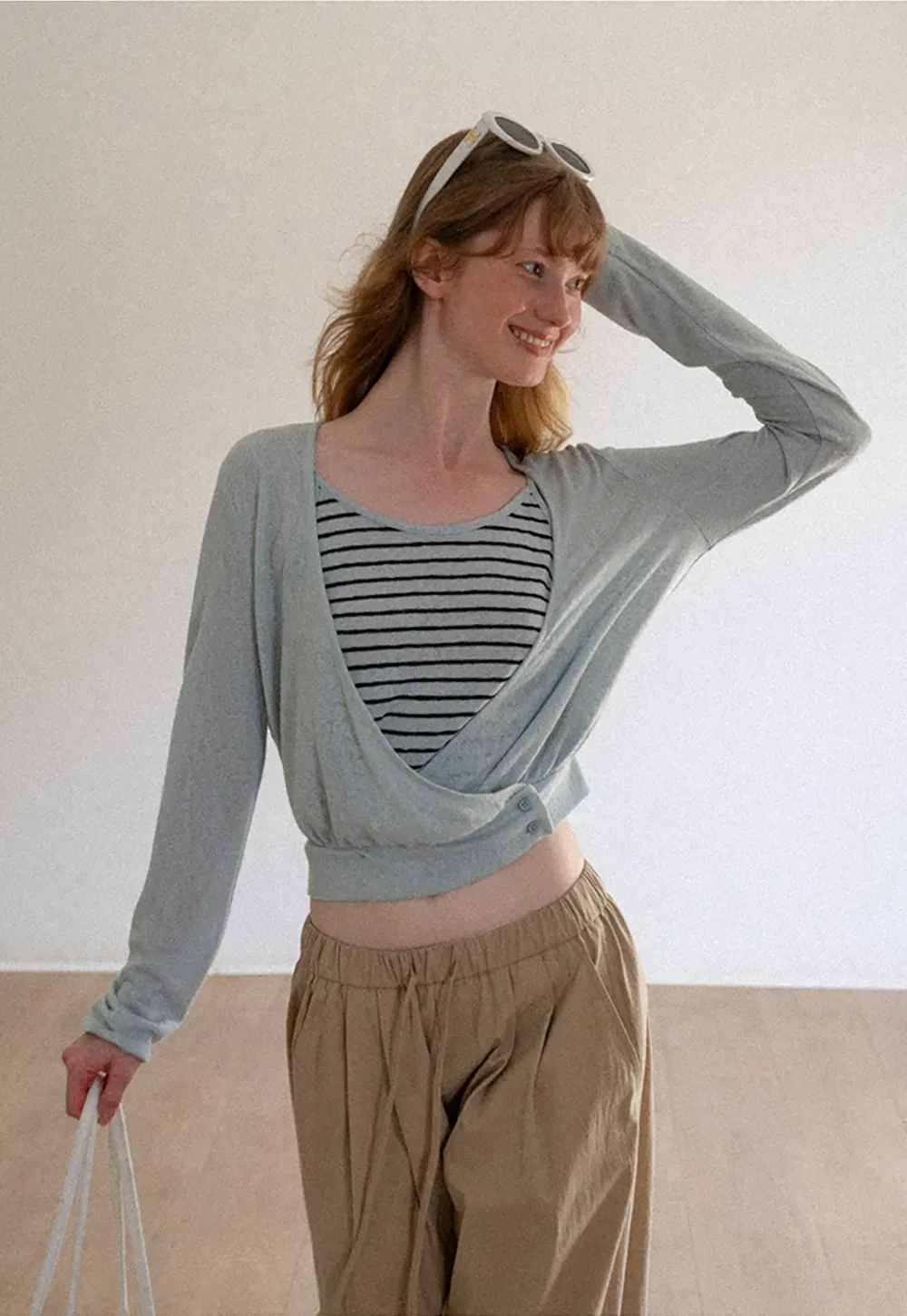 Cropped Wrap Front Cardigan with Button Closure