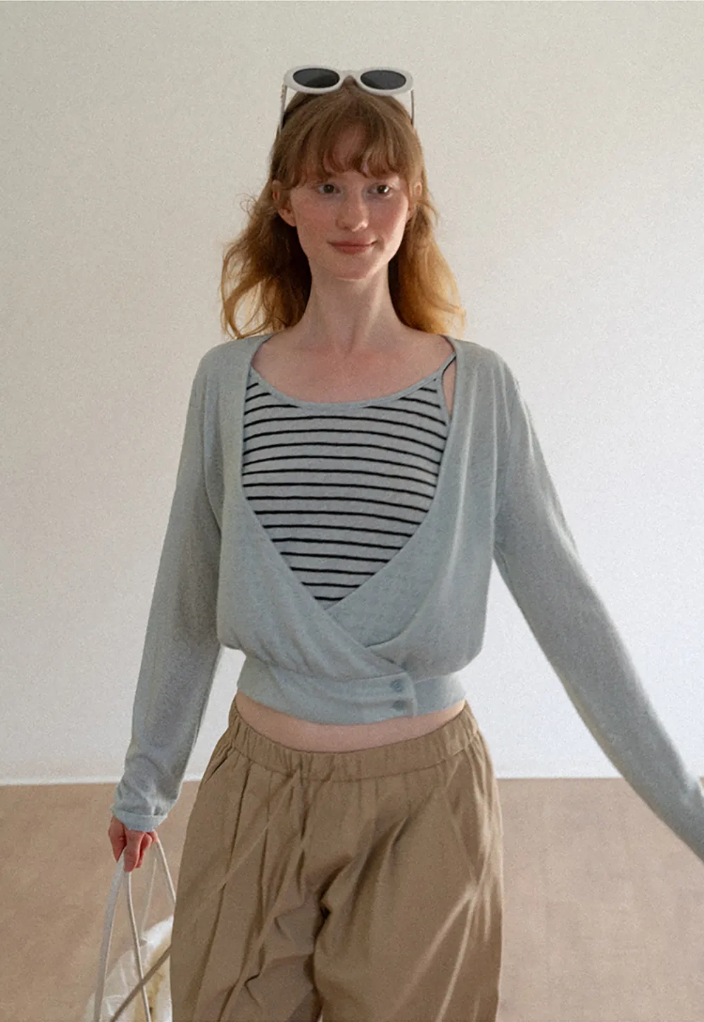 Cropped Wrap Front Cardigan with Button Closure