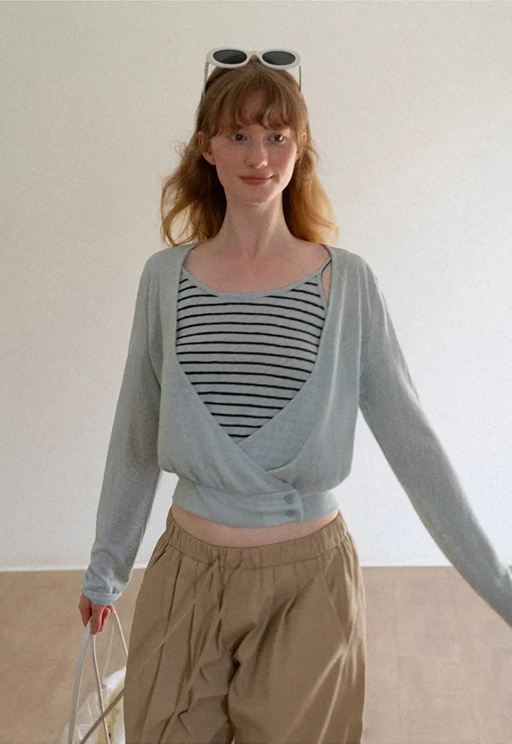 Cropped Wrap Front Cardigan with Button Closure