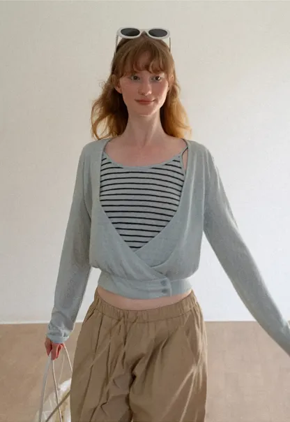 Cropped Wrap Front Cardigan with Button Closure