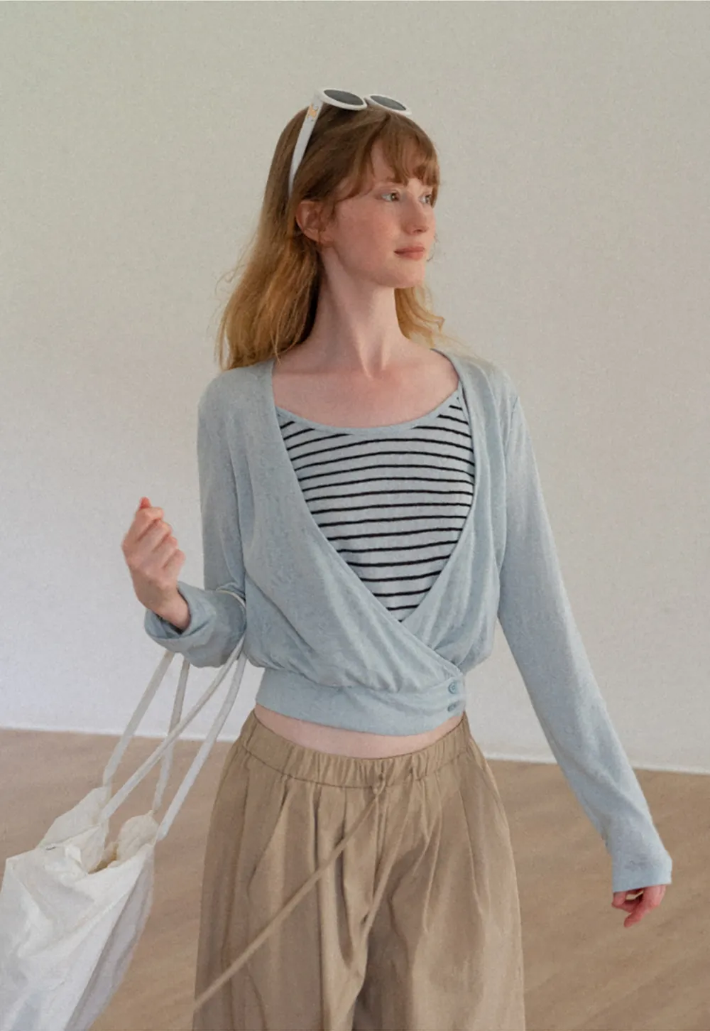 Cropped Wrap Front Cardigan with Button Closure