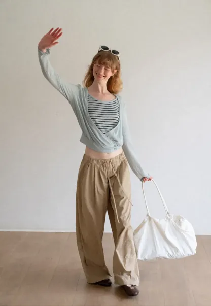 Cropped Wrap Front Cardigan with Button Closure