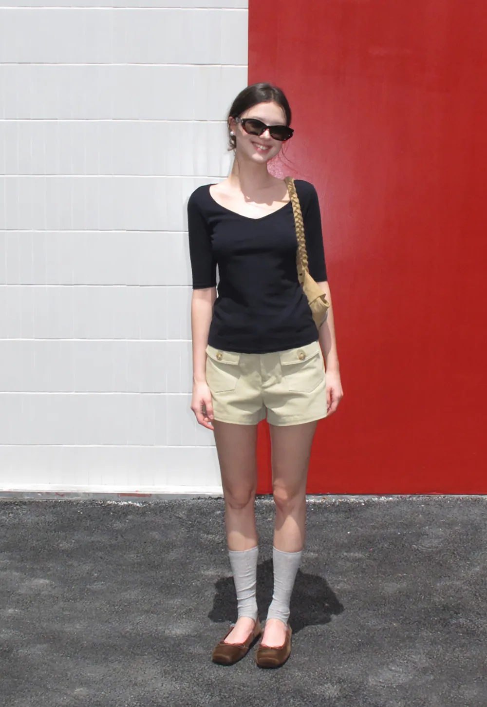 V Neck Ribbed Knit Short Sleeve T Shirt