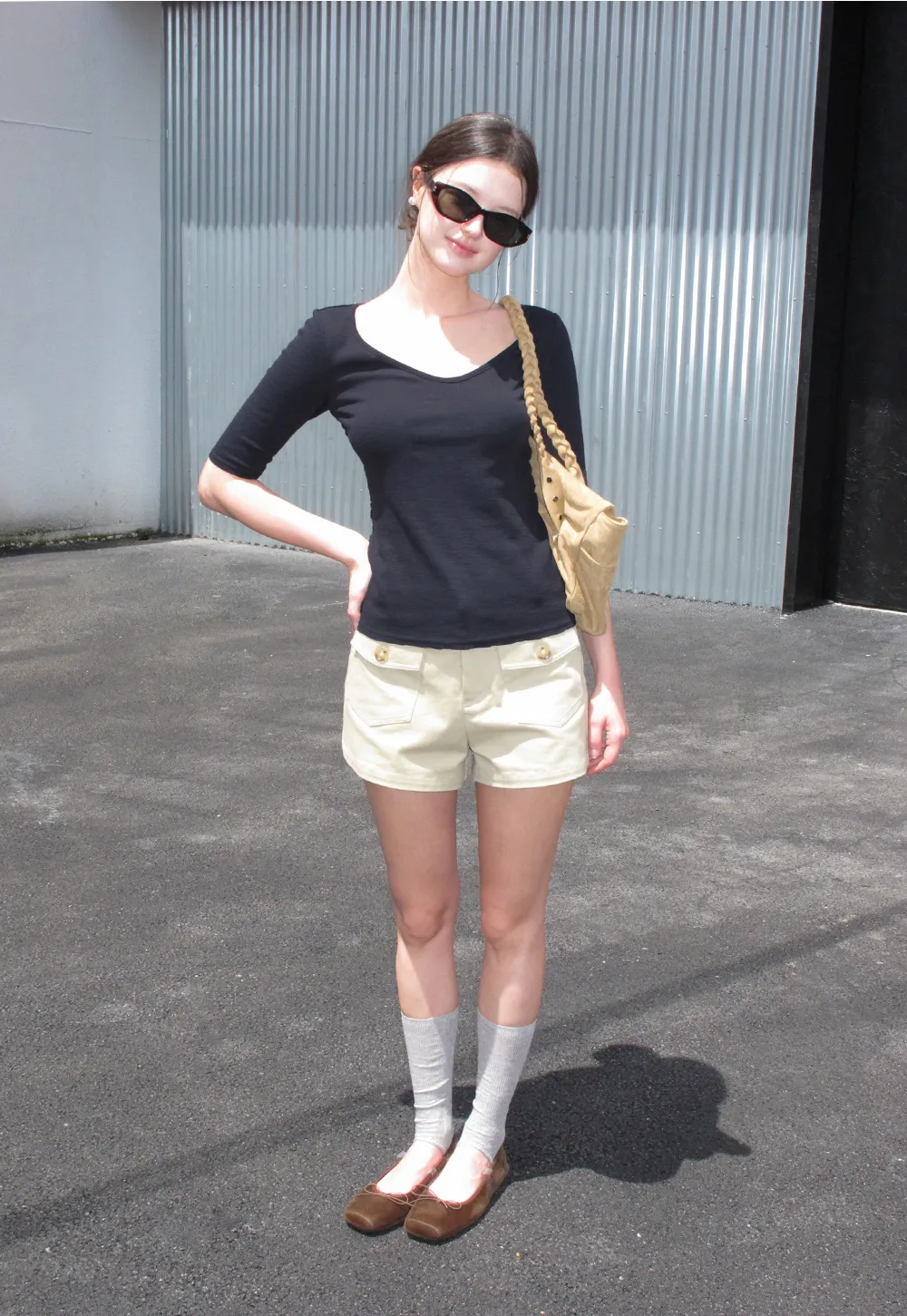 V Neck Ribbed Knit Short Sleeve T Shirt