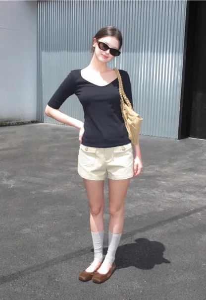 V Neck Ribbed Knit Short Sleeve T Shirt