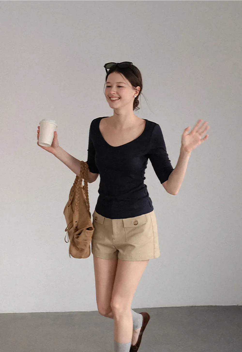 V Neck Ribbed Knit Short Sleeve T Shirt