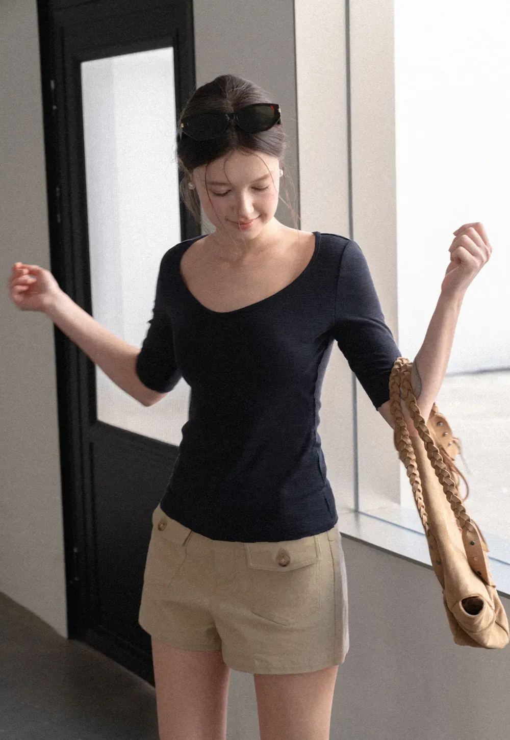 V Neck Ribbed Knit Short Sleeve T Shirt