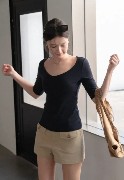 V Neck Ribbed Knit Short Sleeve T Shirt