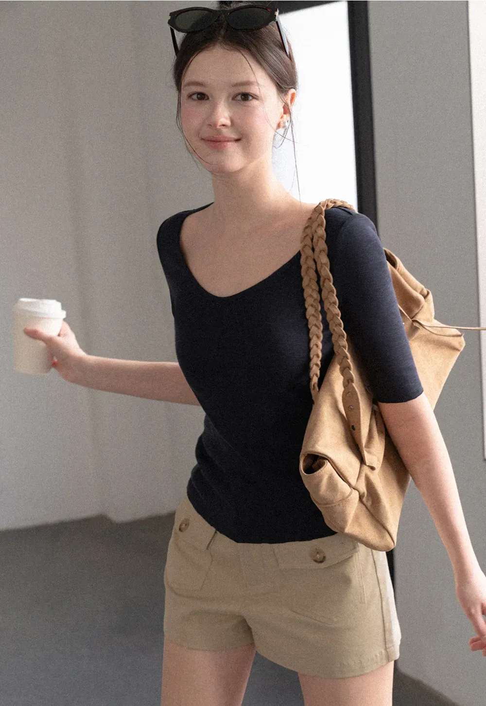 V Neck Ribbed Knit Short Sleeve T Shirt