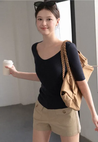 V Neck Ribbed Knit Short Sleeve T Shirt