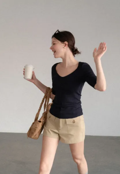 V Neck Ribbed Knit Short Sleeve T Shirt